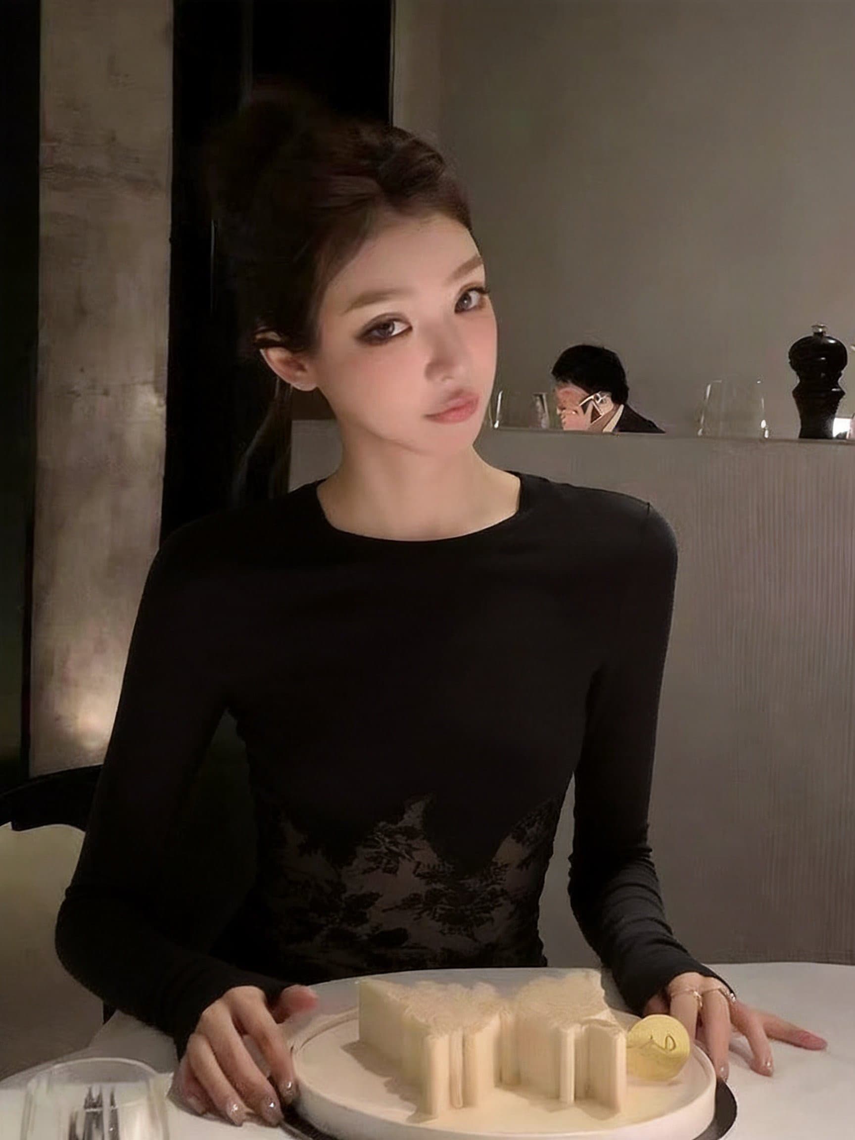 실사 디자인 센스 라운드 넥 패치워크 레이스 긴팔 맨위 허리 시스루 펌프 Pleat 슬림해 보이는 순수한 욕망 섹션 상세 이미지 14