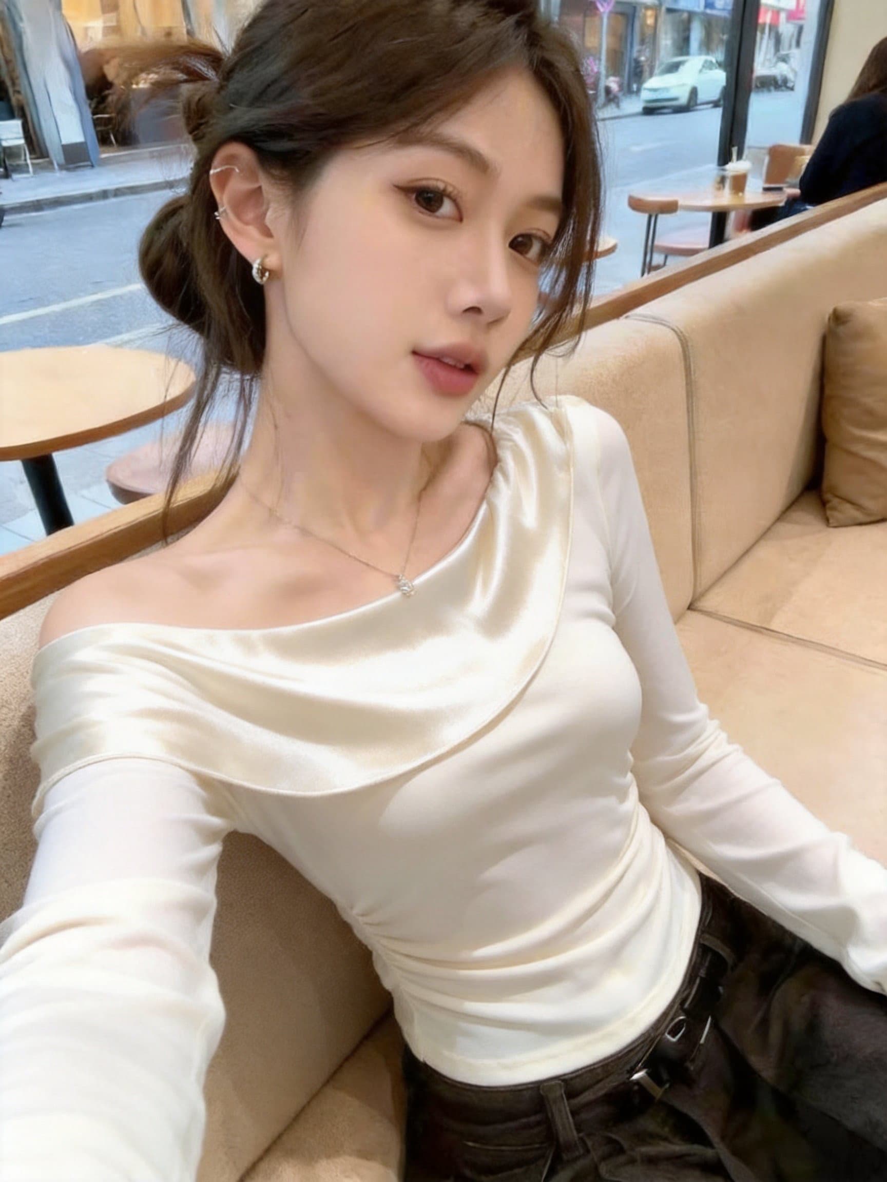 실사 프랑스식 비스듬한 어깨 패치워크 새틴 긴팔 맨위 오프숄더 슬림해 보이는 다용도 품격 우아함 여성 의류 이미지 2