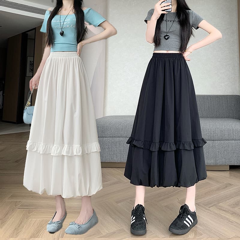 화이트 여름 프릴 꽃밭 반신 스커트 롱 코트 디자인 센스 작은 키 루즈핏 넓은 다리 한 마디 퍼프 스커트 이미지 3