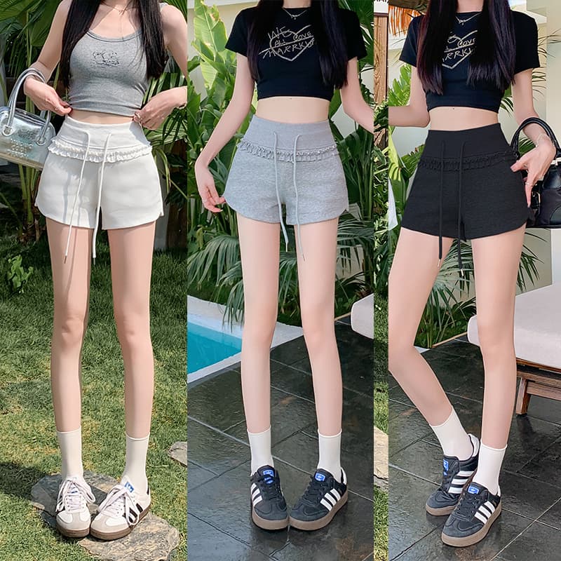 실사 미니멀리즘 펌프 로프 반바지 2026 여름 소녀 운송 동적 목이버섯 레이스 허리밴드 다용도 반바지 이미지 2