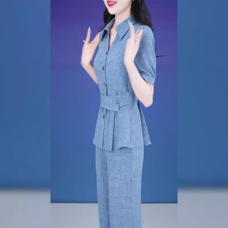 고급 패션 셔츠 칼라 캐주얼 세트 여성 2026 새로운 여름 연령 감소 정식 경우 스트레이트 팬츠 투피스 세트 상세 이미지 4