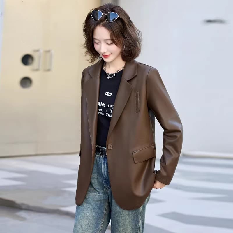 가죽 재킷 정장 여성 코트 봄 가을 2026 새로운 아름다움 라드. 레트로 품격 캐주얼 패션 PU 가죽 정장 맨위 이미지 2