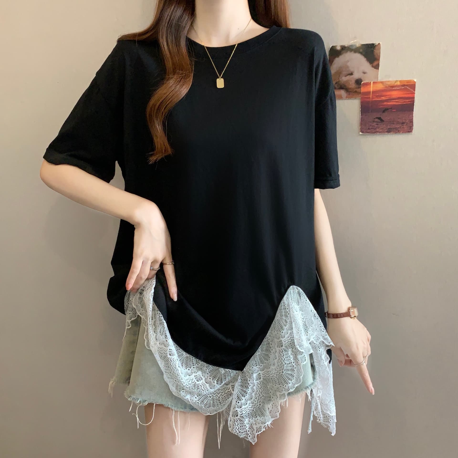 실사 레이스 측면 패치워크 2026 봄 새로운 디자인 센스 느긋한 바람 루즈핏 맨위 티셔츠 슬림해 보이는 트렌드 상세 이미지 9