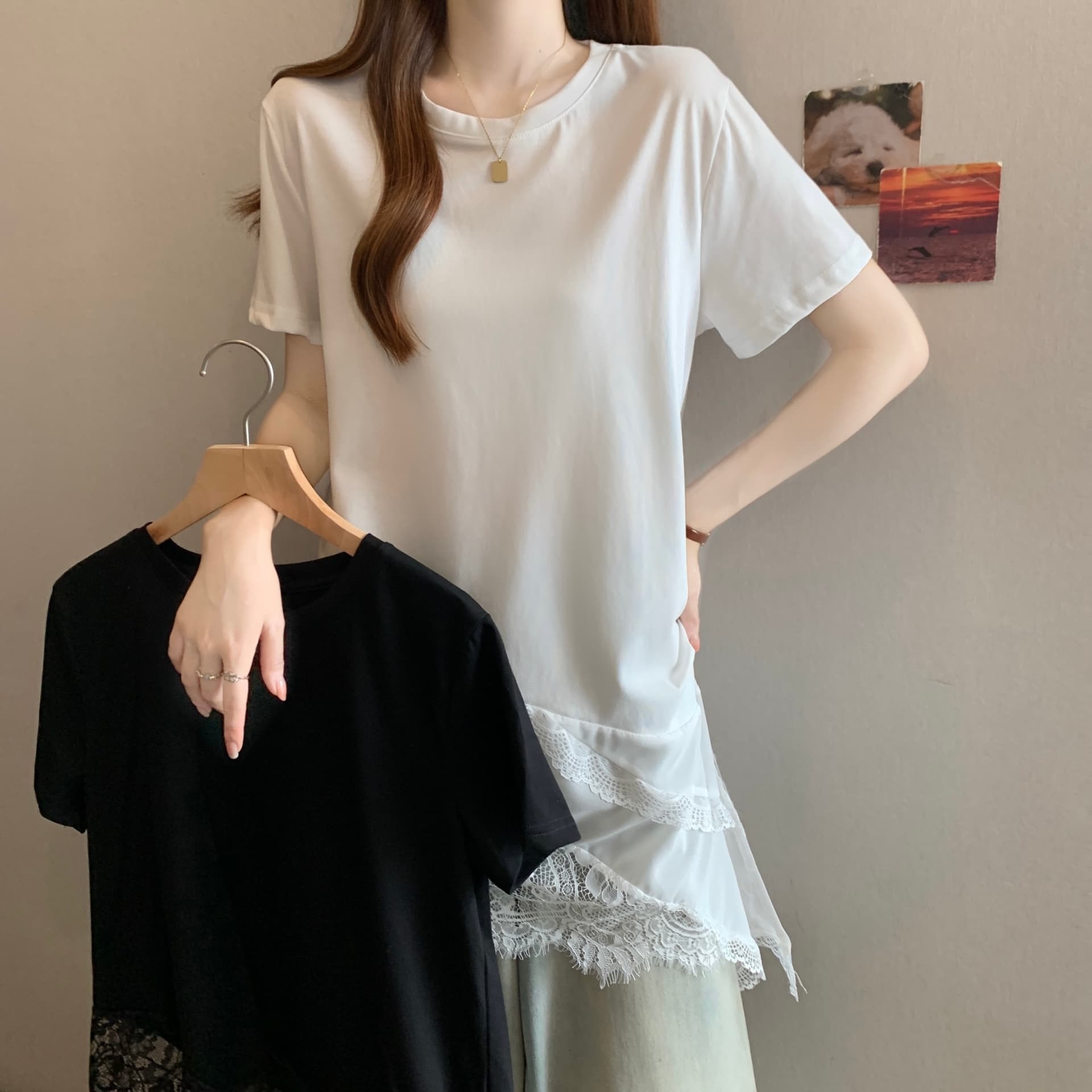 실사 레이스 측면 패치워크 2026 봄 새로운 디자인 센스 느긋한 바람 루즈핏 맨위 티셔츠 슬림해 보이는 트렌드 상세 이미지 6