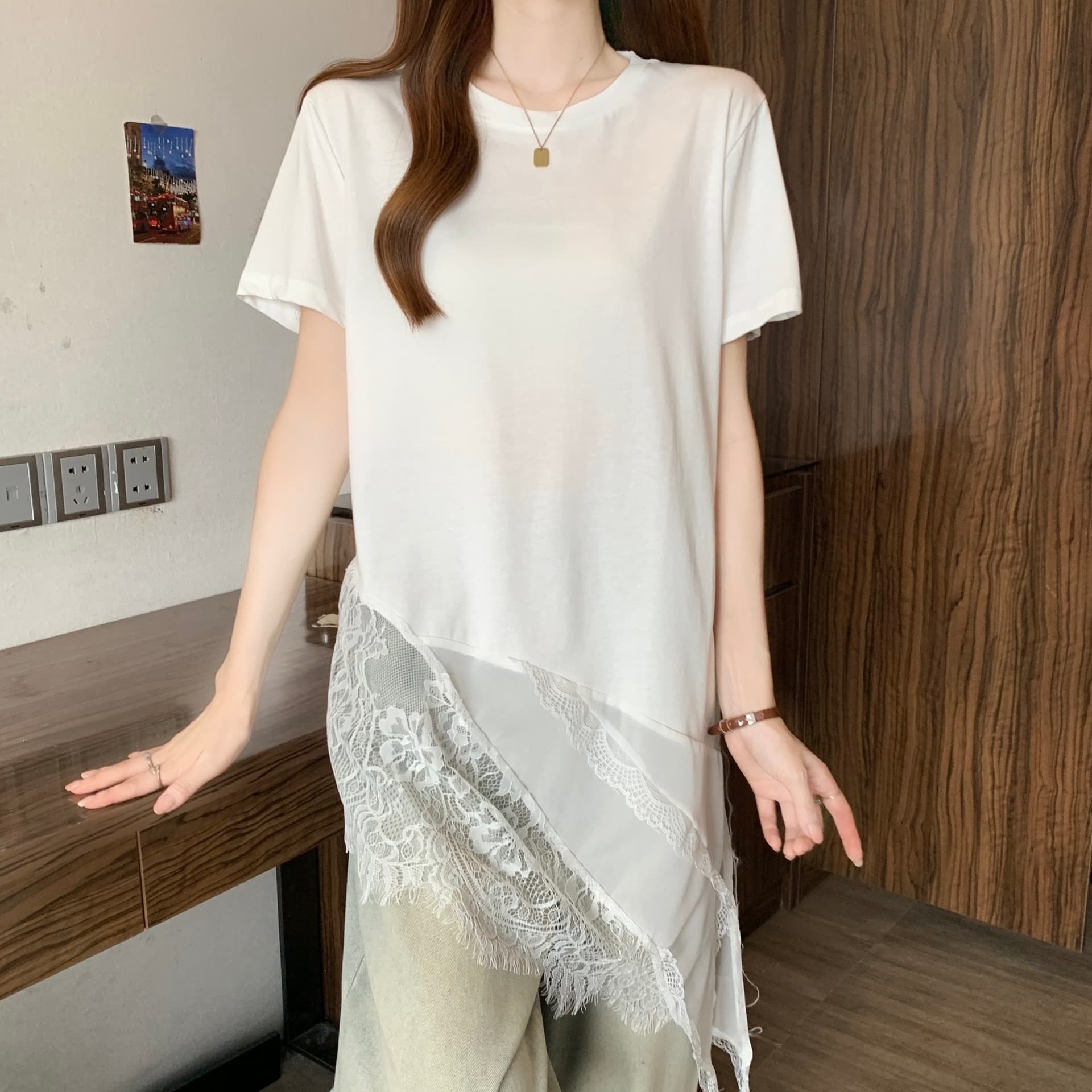 실사 레이스 측면 패치워크 2026 봄 새로운 디자인 센스 느긋한 바람 루즈핏 맨위 티셔츠 슬림해 보이는 트렌드 상세 이미지 25
