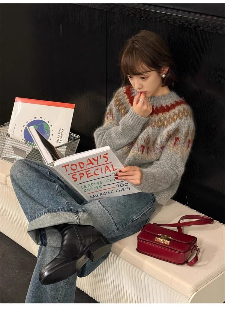 한 부서 공정한 섬 회색 모헤어 스웨터 여자 가을 겨울 크리스마스 디자인 센스 니트 스웨터 느긋한 바람 아름다운 맨위 상세 이미지 6