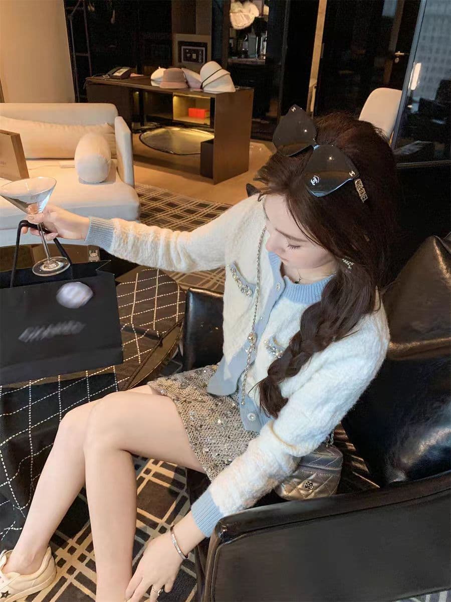 물고기 토끼 ~ 중 토끼 봄 가을 새로운 니트 스웨터 여성 밝은 훈련 작은 샤넬 스타일 스웨터 오픈 가디건 품격 여성 맨위 이미지 4