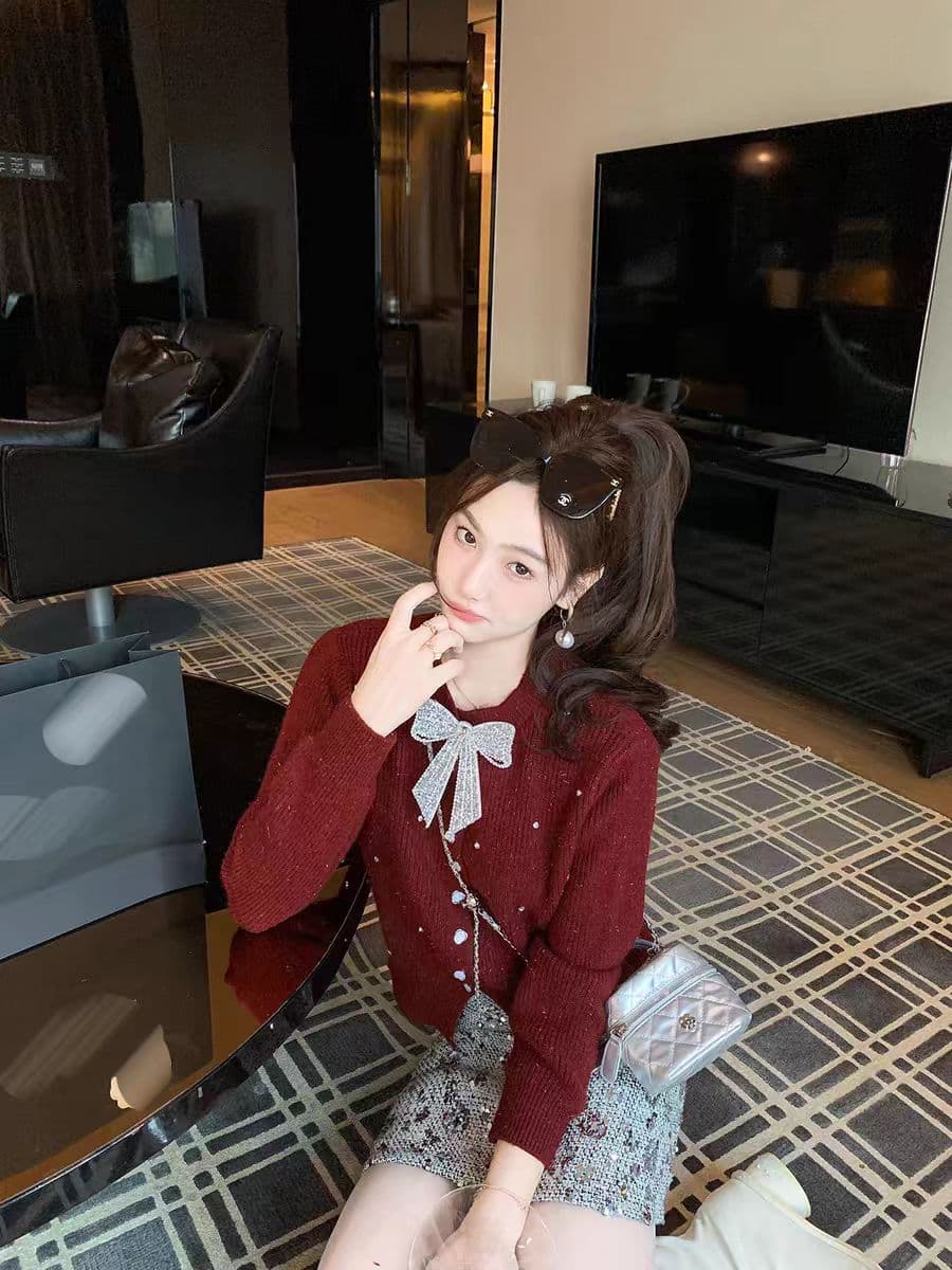 물고기 토끼 ~ 중 토끼 달콤함 다이아몬드 세팅 니트 맨위 여성 봄 가을 새로운 외국 가스 스웨터 오픈 가디건 인사이드 가져 가라. 기본 셔츠 이미지 2