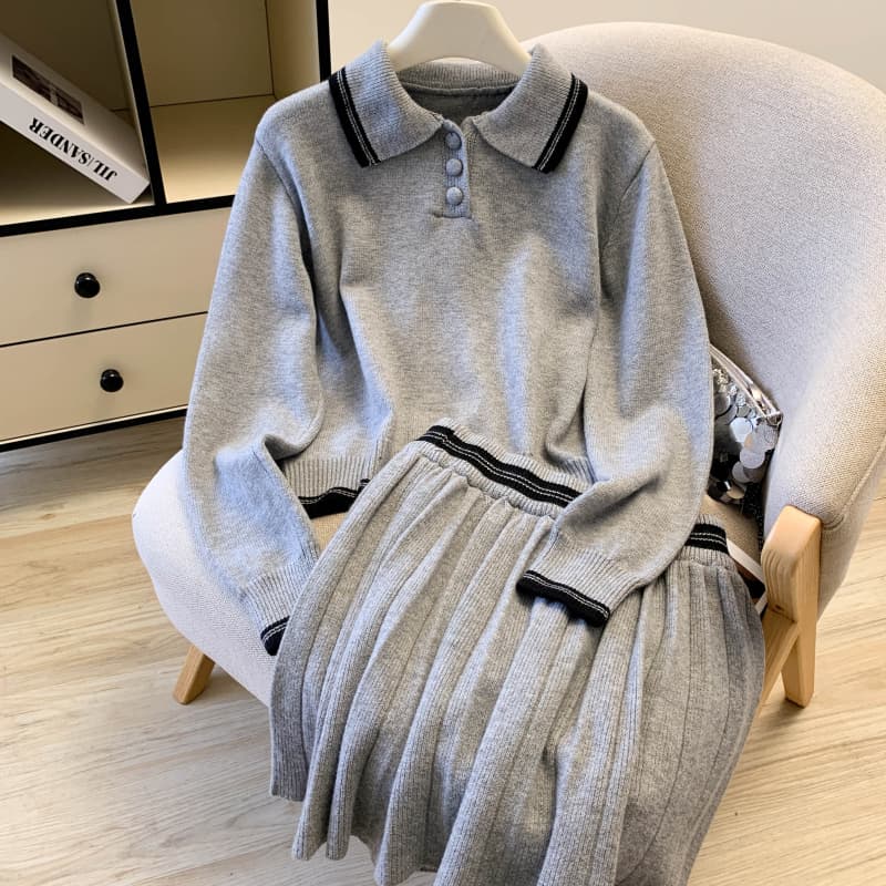 berry 안녕하세요. 너 그리고 해피 대 격통 맞춤 학원 스타일 POLO 칼라 루즈핏 니트 스웨터 플리츠 미니 스커트 세트 이미지 2