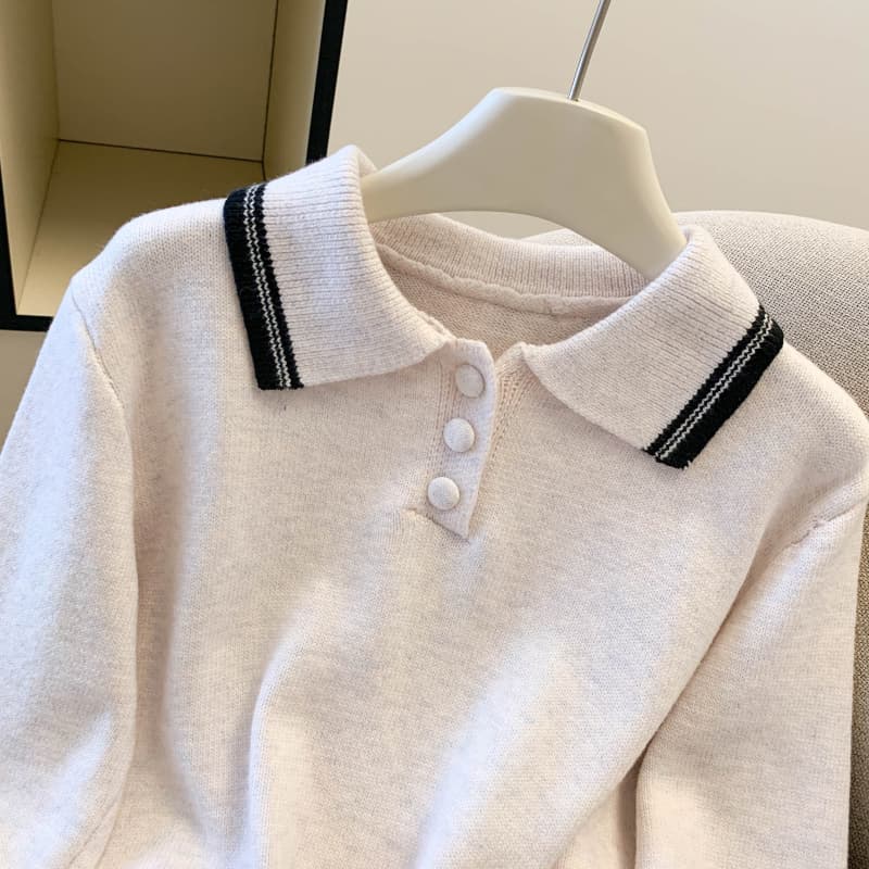 berry 안녕하세요. 너 그리고 해피 대 격통 맞춤 학원 스타일 POLO 칼라 루즈핏 니트 스웨터 플리츠 미니 스커트 세트 상세 이미지 2