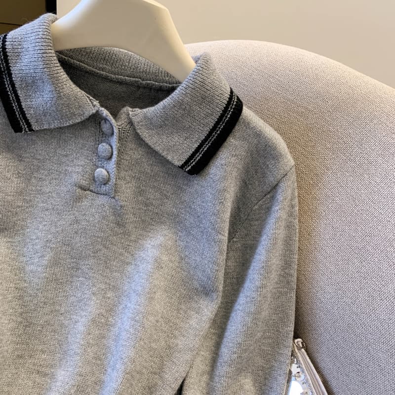 berry 안녕하세요. 너 그리고 해피 대 격통 맞춤 학원 스타일 POLO 칼라 루즈핏 니트 스웨터 플리츠 미니 스커트 세트 상세 이미지 15