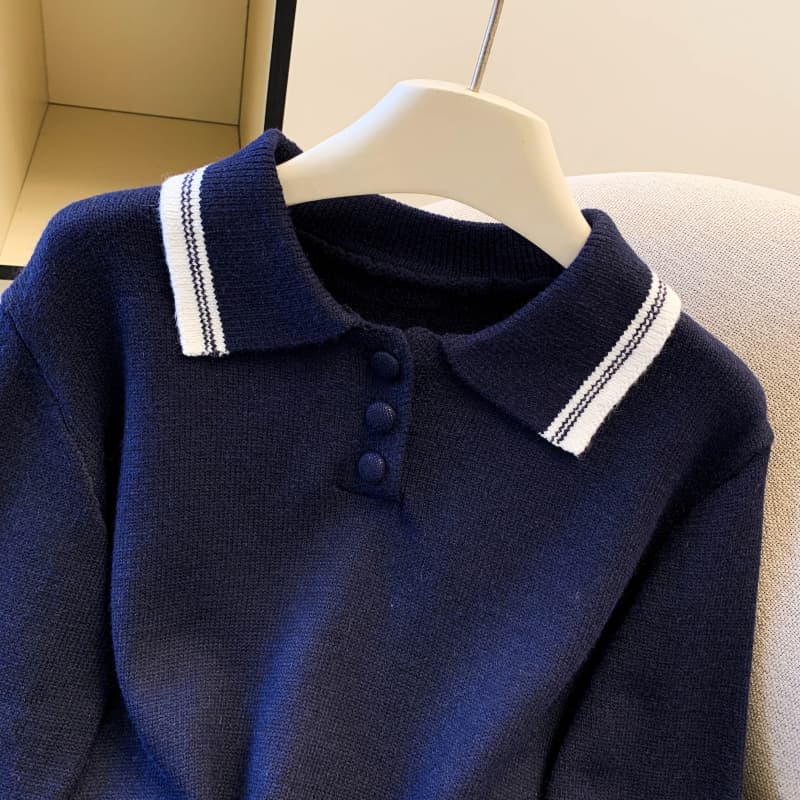 berry 안녕하세요. 너 그리고 해피 대 격통 맞춤 학원 스타일 POLO 칼라 루즈핏 니트 스웨터 플리츠 미니 스커트 세트 상세 이미지 24