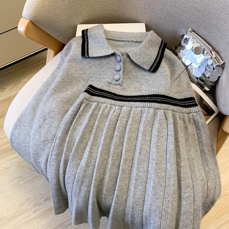 berry 안녕하세요. 너 그리고 해피 대 격통 맞춤 학원 스타일 POLO 칼라 루즈핏 니트 스웨터 플리츠 미니 스커트 세트 상세 이미지 35