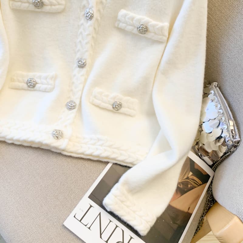 2026 봄 가을 새로운 천 골드 작은 샤넬 스타일 동백 나무 꽈배기 짜임 니트 스웨터 스웨터 오픈 가디건 여성 외국 가스 재킷 상세 이미지 6