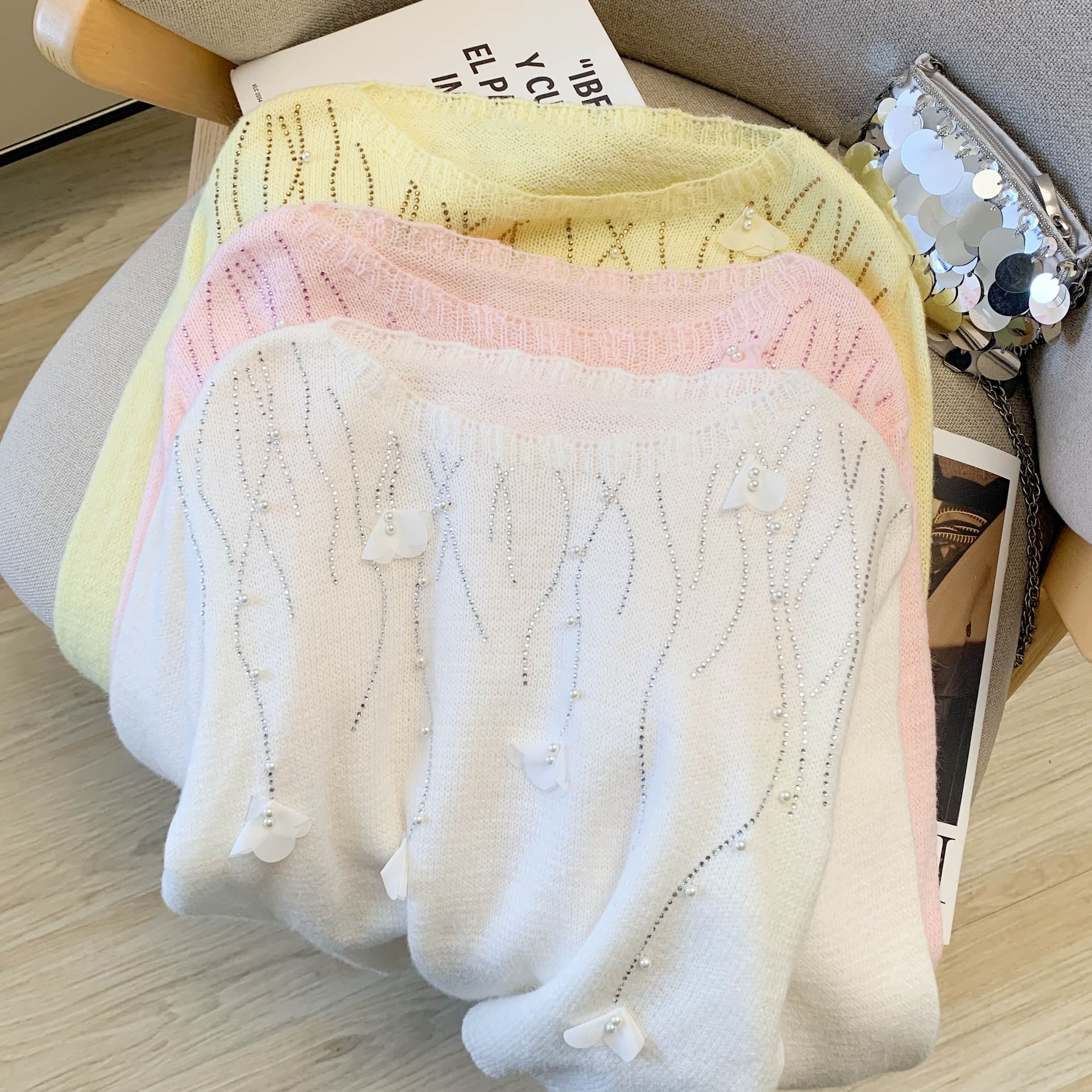 봄 가을 프랑스식 부드러운 바람 핑크색 3 차원 꽃 니트 스웨터 여성 비즈 박기 긴팔 라운드 넥 슬림해 보이는 연령 감소 짧은 맨위 상세 이미지 28