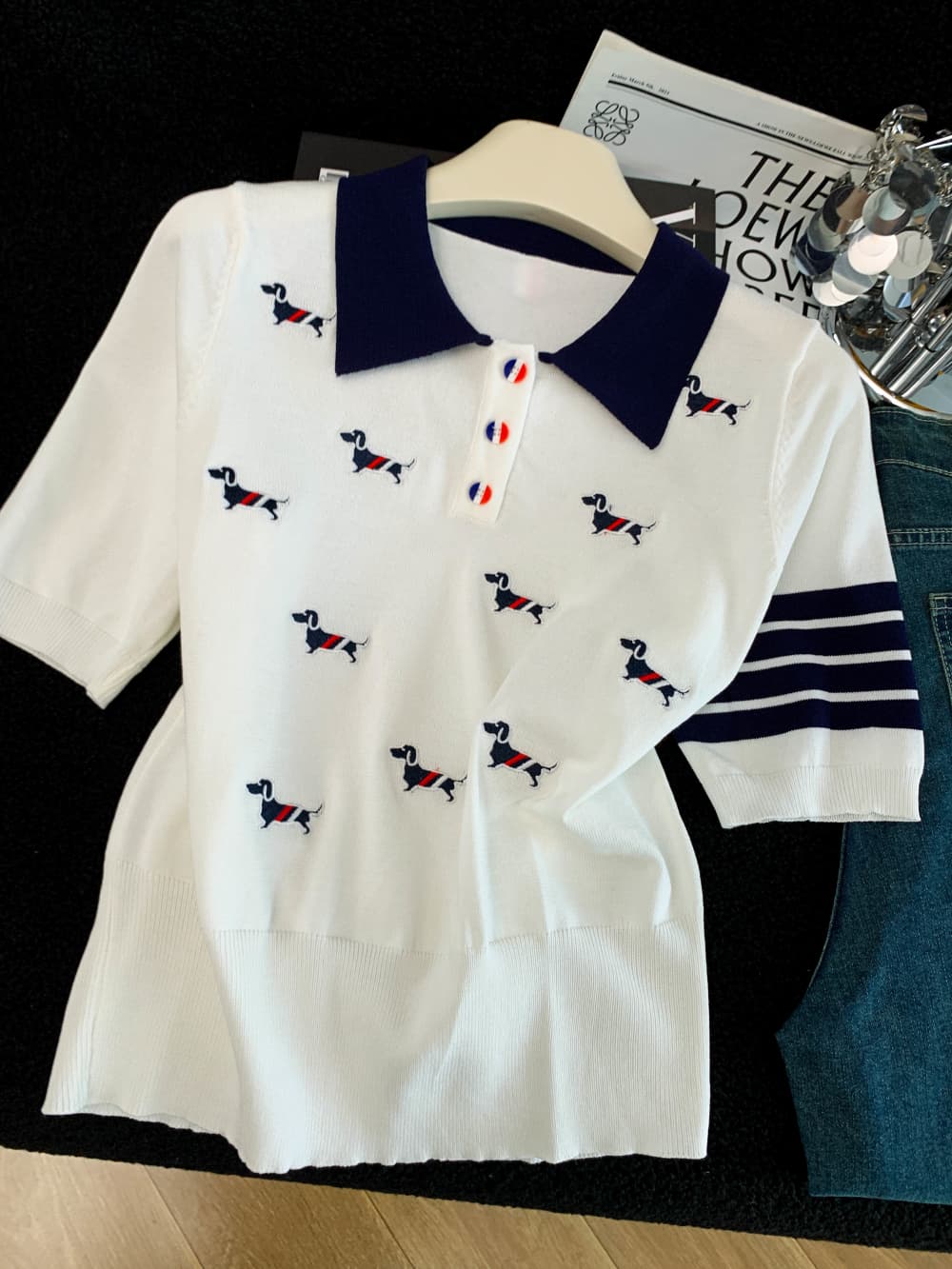 학원 스타일 자수 만화 강아지 배색 폴로 칼라 니트 티셔츠 여성용 짧은 소매 얼음 실크 POLO 셔츠 상세 이미지 7