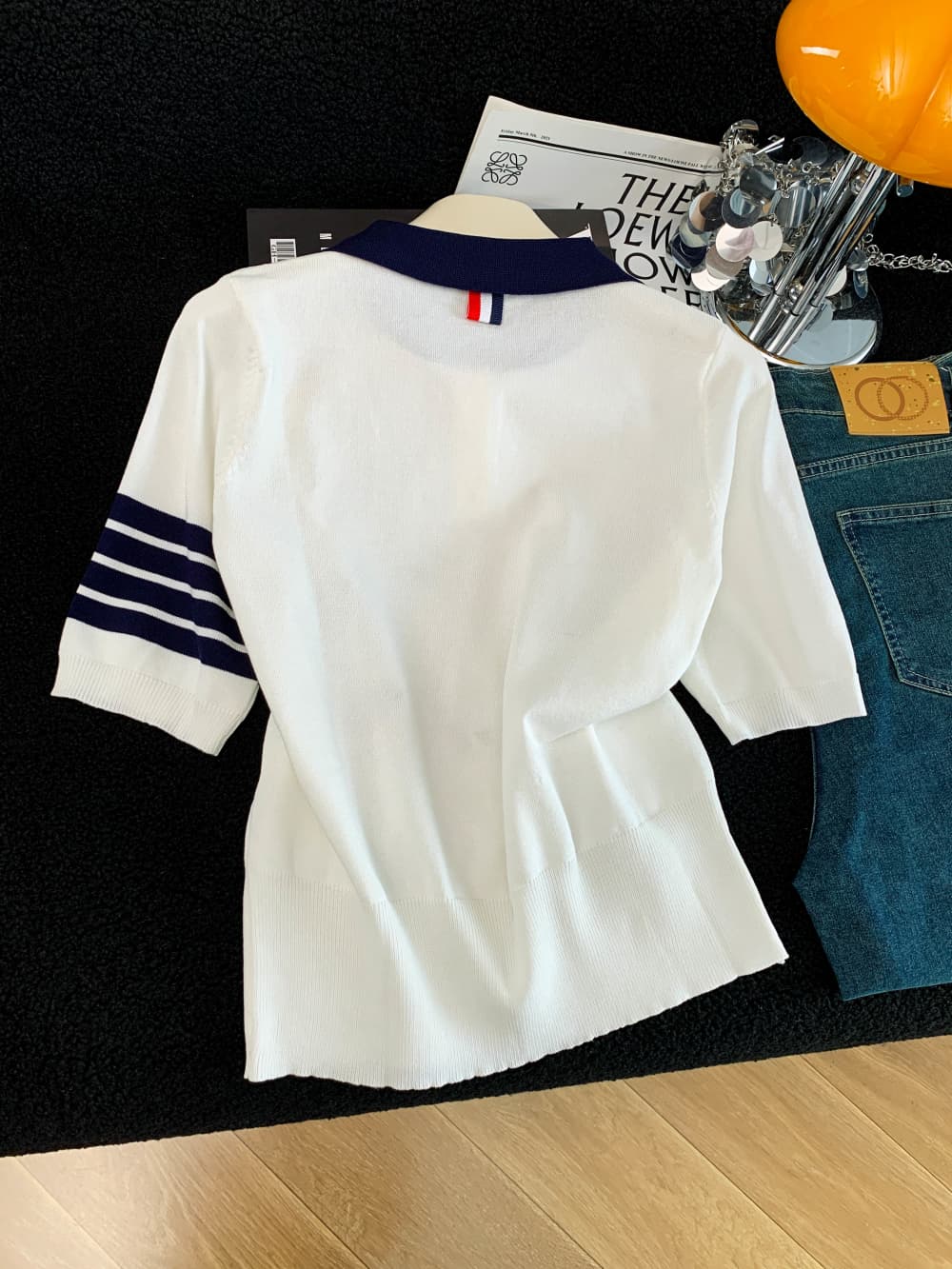 학원 스타일 자수 만화 강아지 배색 폴로 칼라 니트 티셔츠 여성용 짧은 소매 얼음 실크 POLO 셔츠 상세 이미지 9