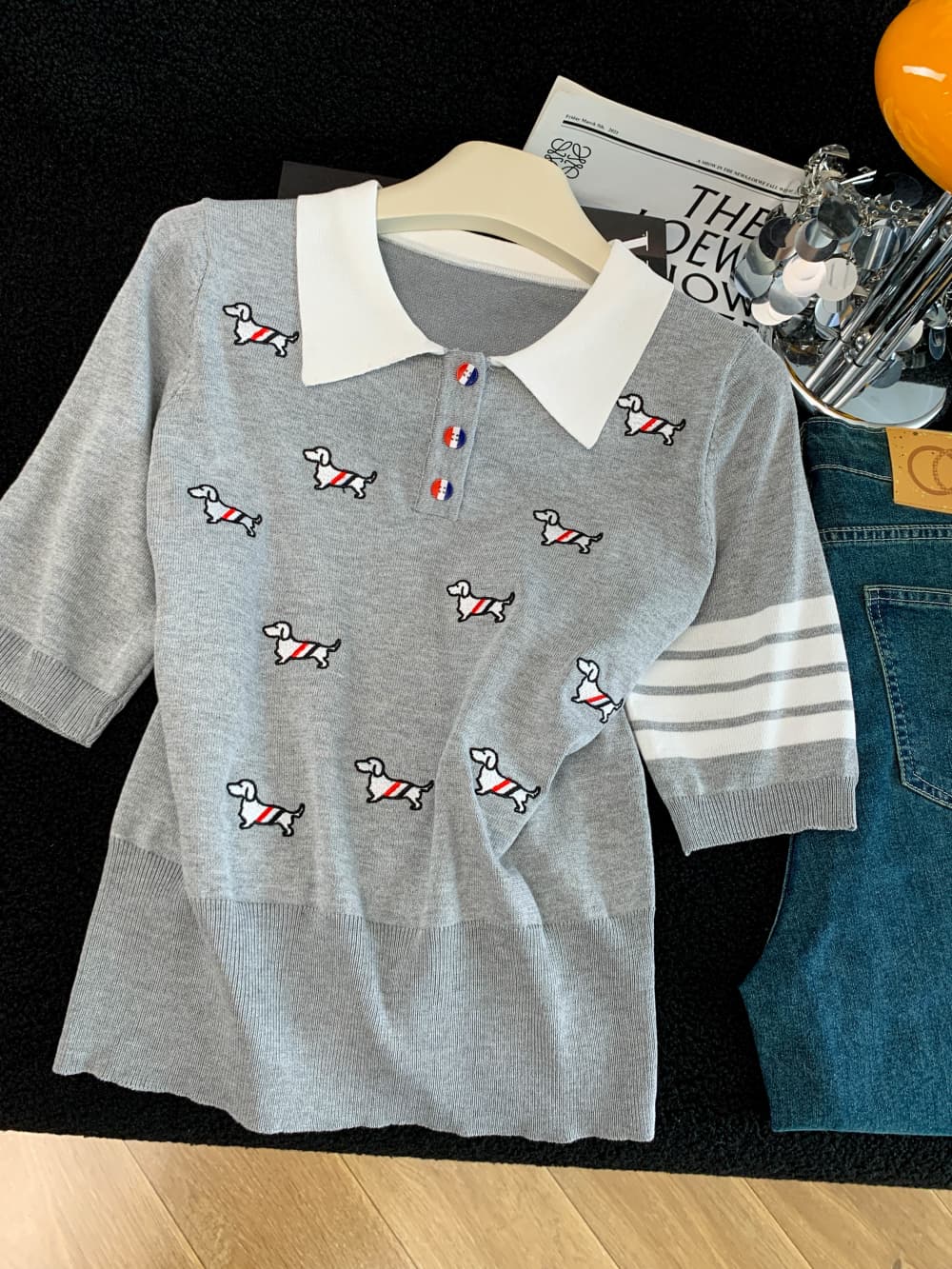 학원 스타일 자수 만화 강아지 배색 폴로 칼라 니트 티셔츠 여성용 짧은 소매 얼음 실크 POLO 셔츠 상세 이미지 17