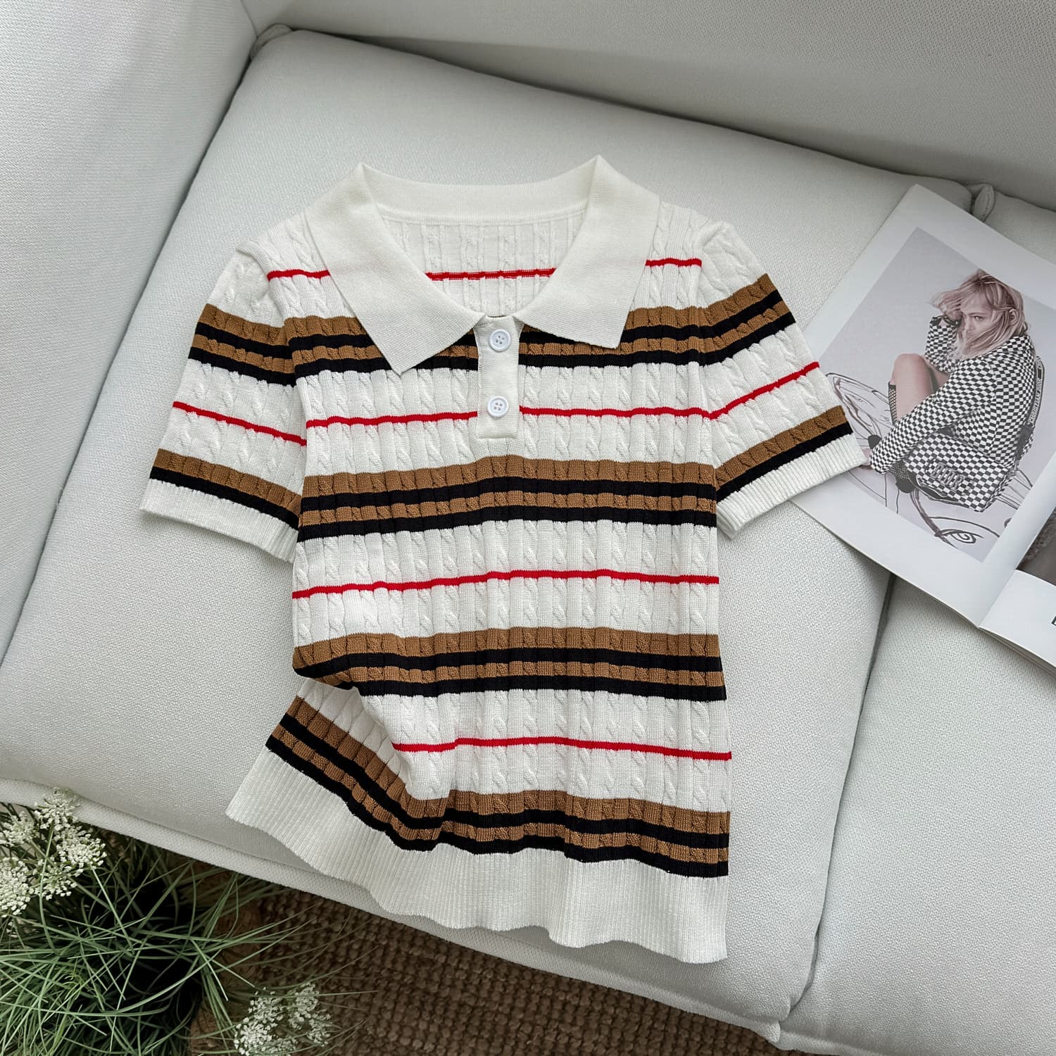 2026 새로운 한 부서 레트로 스트라이프 POLO 칼라 반팔 니트 스웨터 여성 패션 다용도 슬림해 보이는 연령 감소 맨위 상세 이미지 18