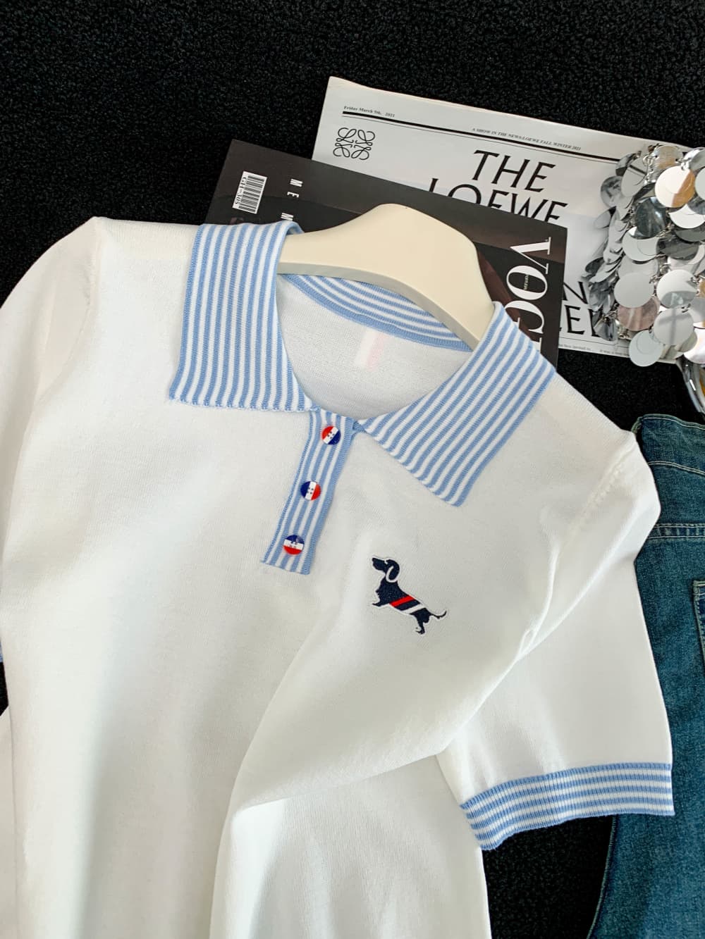패션 배색 POLO 셔츠 체크무늬 반팔 맨위 여성 여름 디자인 센스 패치워크 자수 몸매 가꾸기 티셔츠 상세 이미지 4