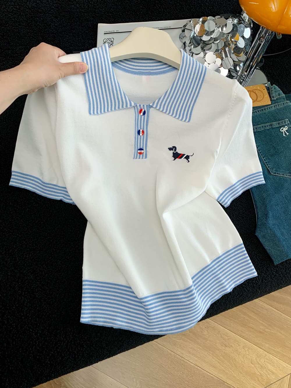 패션 배색 POLO 셔츠 체크무늬 반팔 맨위 여성 여름 디자인 센스 패치워크 자수 몸매 가꾸기 티셔츠 상세 이미지 8
