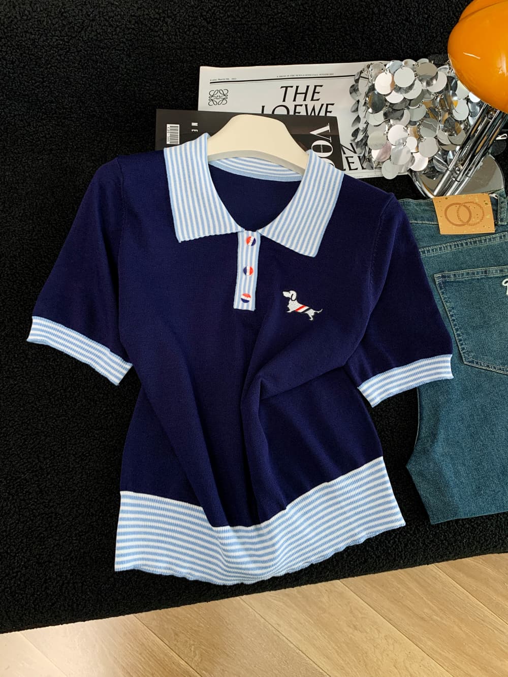 패션 배색 POLO 셔츠 체크무늬 반팔 맨위 여성 여름 디자인 센스 패치워크 자수 몸매 가꾸기 티셔츠 상세 이미지 11