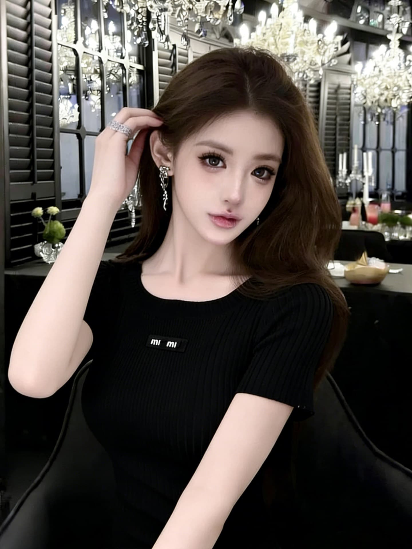 빛 요리 한 프랑스식 바람 알파벳 패치 라운드 넥 홀로우 아웃 레이스 반팔 니트 스웨터 슬림해 보이는 맨위 이미지 4