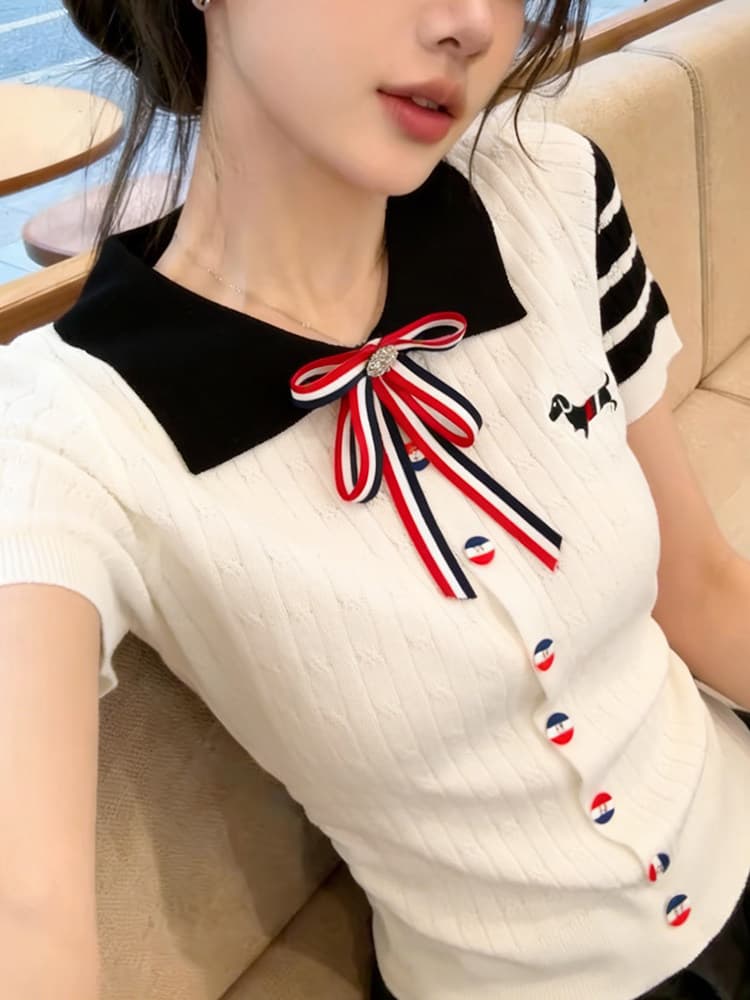 자수 배색 나비 매듭 POLO 칼라 반팔 니트 스웨터 여성 2026 여름 새로운 몸매 가꾸기 슬림해 보이는 오픈 가디건 맨위 상세 이미지 5