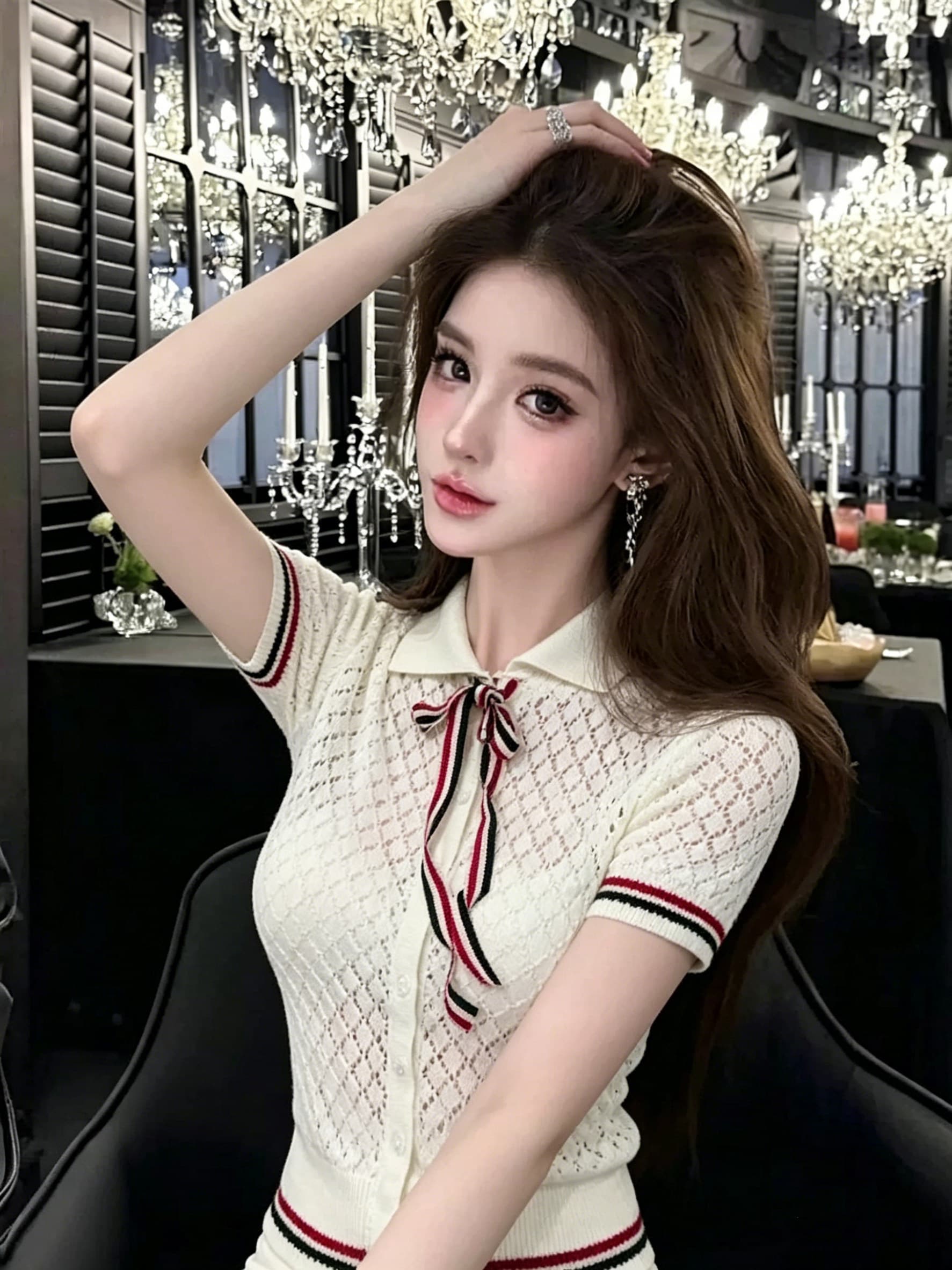 레트로 POLO 칼라 스트라이프 반팔 니트 오픈 가디건 여성 디자인 센스 폴로 칼라 맨위 트렌디 상세 이미지 4