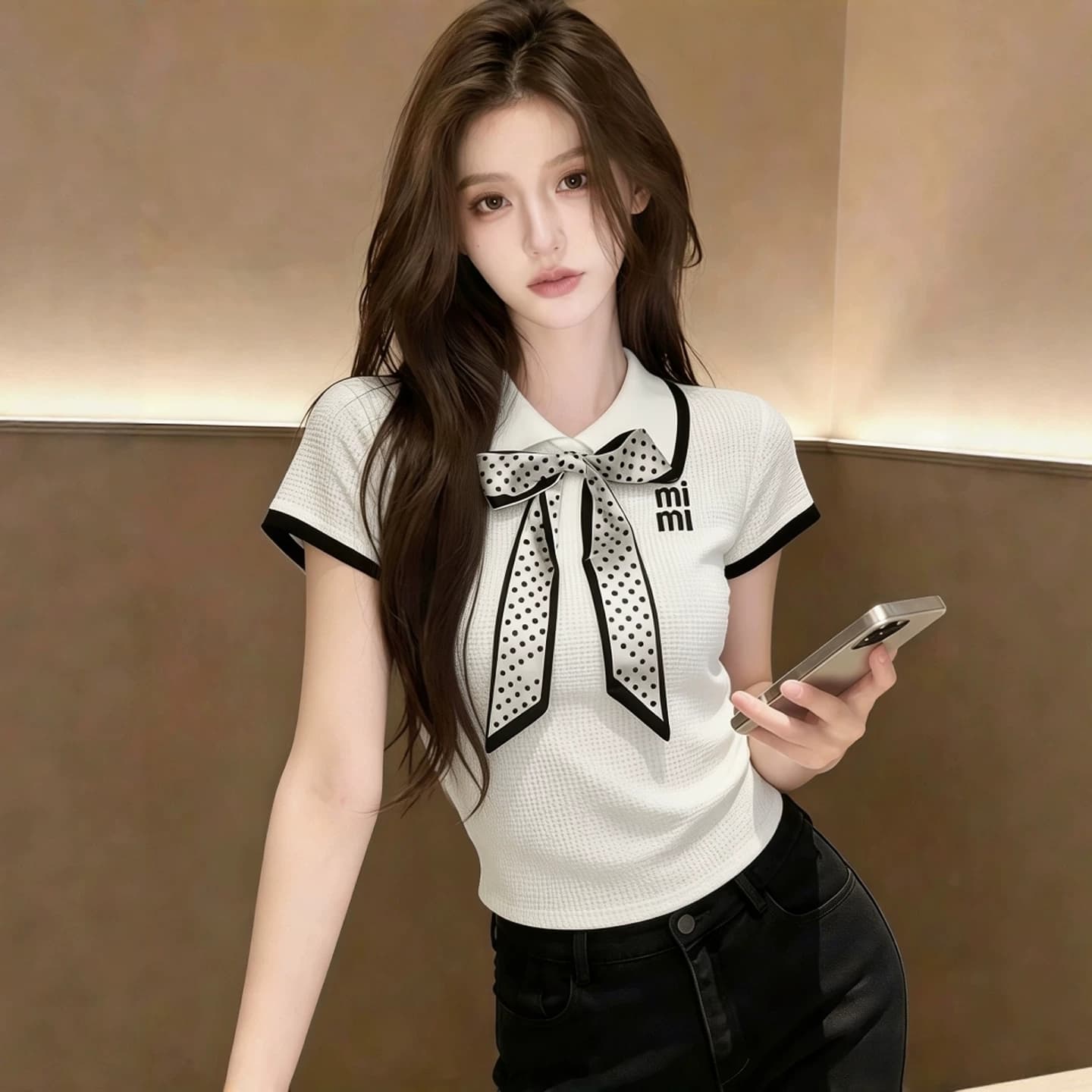 학원 스타일 나비 매듭 도트 무늬 리본 반팔 티셔츠 여성 여름 새로운 품격 아름다운 작은 샤넬 스타일 쇼트 스타일 맨위
