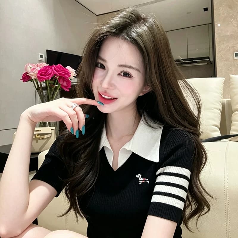 외국 가스 달콤함 강아지 자수 패치워크 폴로 칼라 니트 스웨터 여성 2026 새로운 페이크 레이어드 맨위 상세 이미지 11