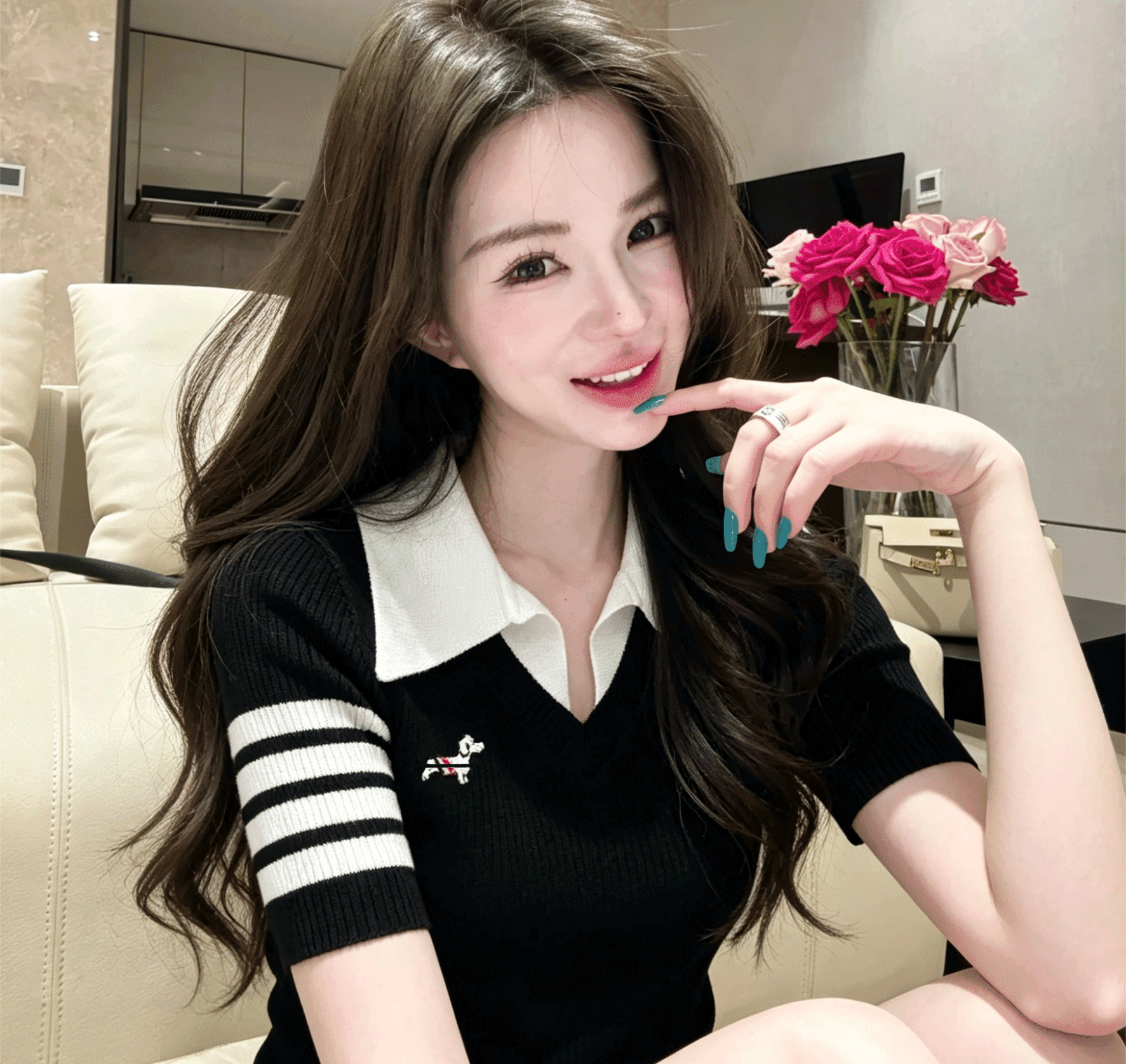 외국 가스 달콤함 강아지 자수 패치워크 폴로 칼라 니트 스웨터 여성 2026 새로운 페이크 레이어드 맨위 상세 이미지 13
