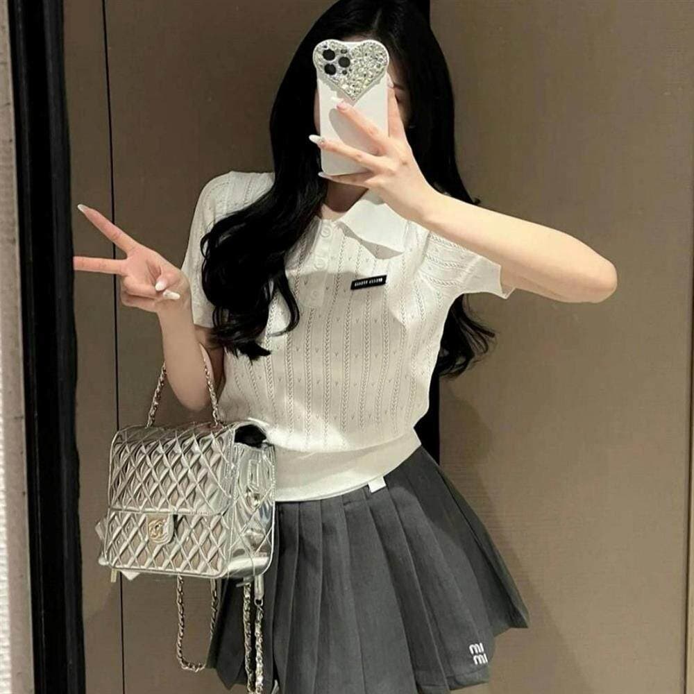 2026 여름 새로운 여성 외국 가스 연령 감소 다용도 한 부서 홀로우 아웃 POLO 칼라 홀로우 아웃 반팔 니트 스웨터 맨위 트렌디 상세 이미지 15