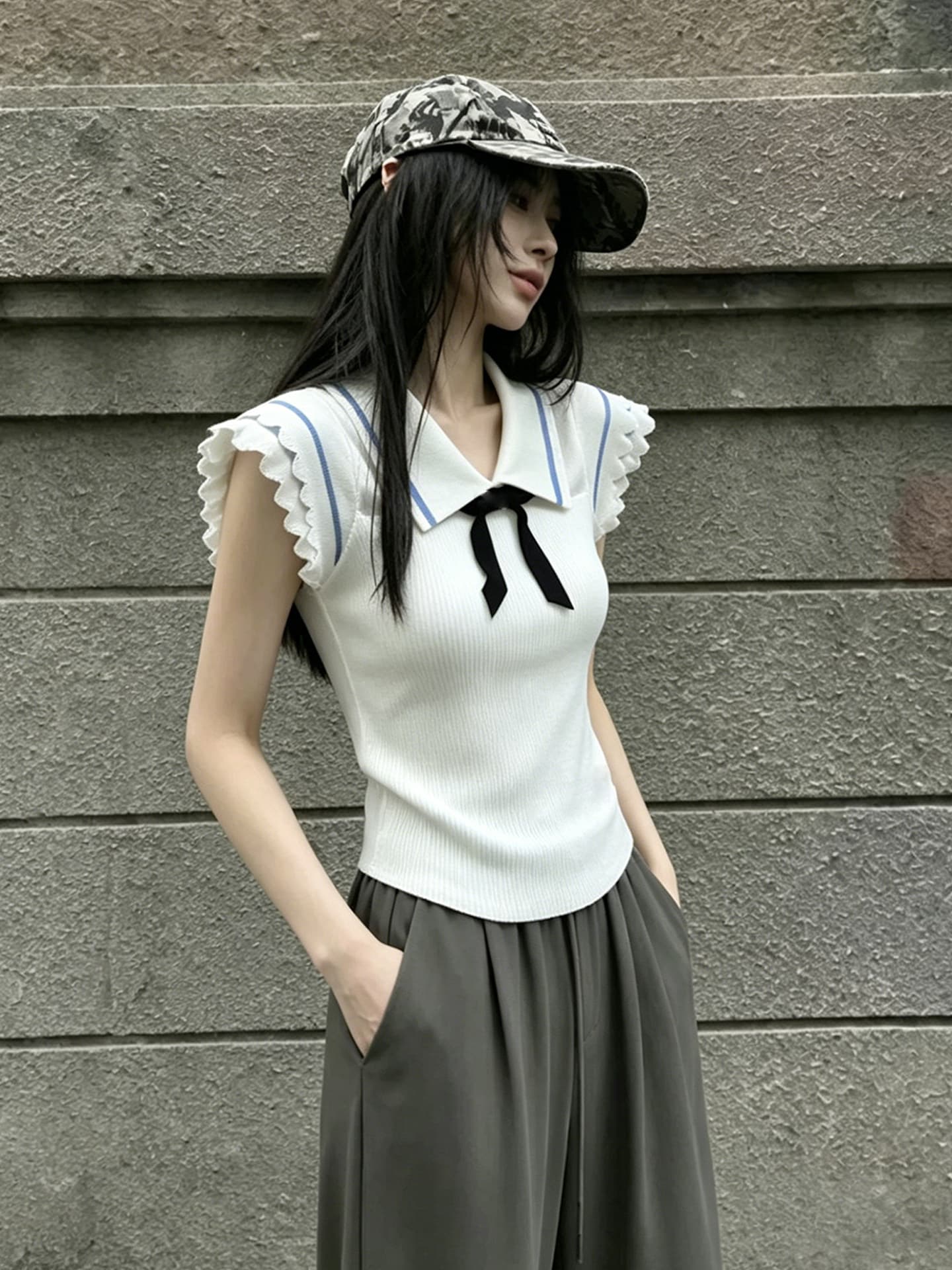 한 부서 학원 스타일 베이비 칼라 작은 날다 소매 짠 셔츠 여성 여름 새로운 나비 매듭 몸매 가꾸기 슬림해 보이는 다용도 맨위 이미지 3