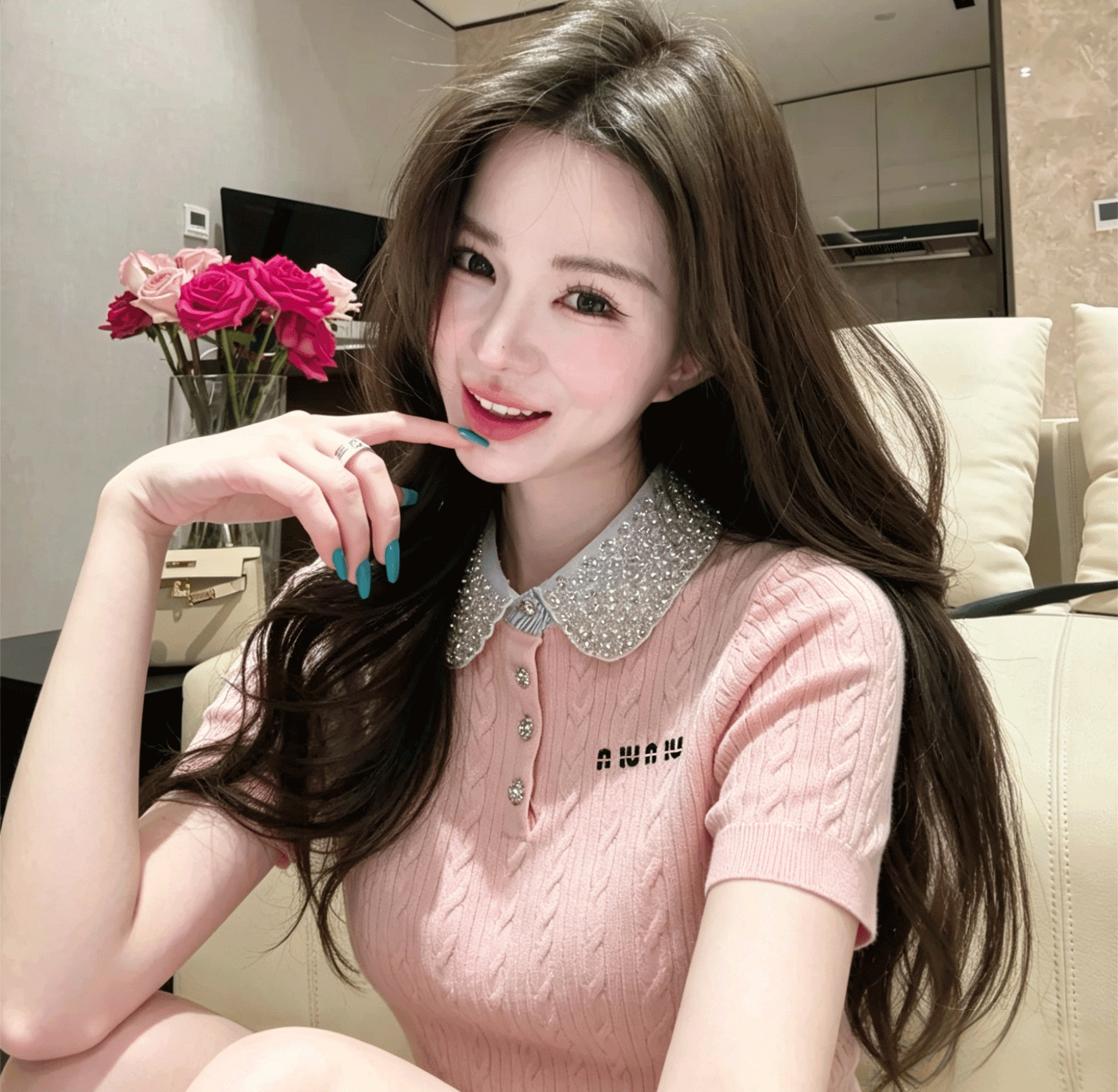 복숭아 분말 스와로브스키 베이비 칼라 니트 반팔 여성 여름 새로운 달콤함 연령 감소 꽈배기 티셔츠 상세 이미지 10