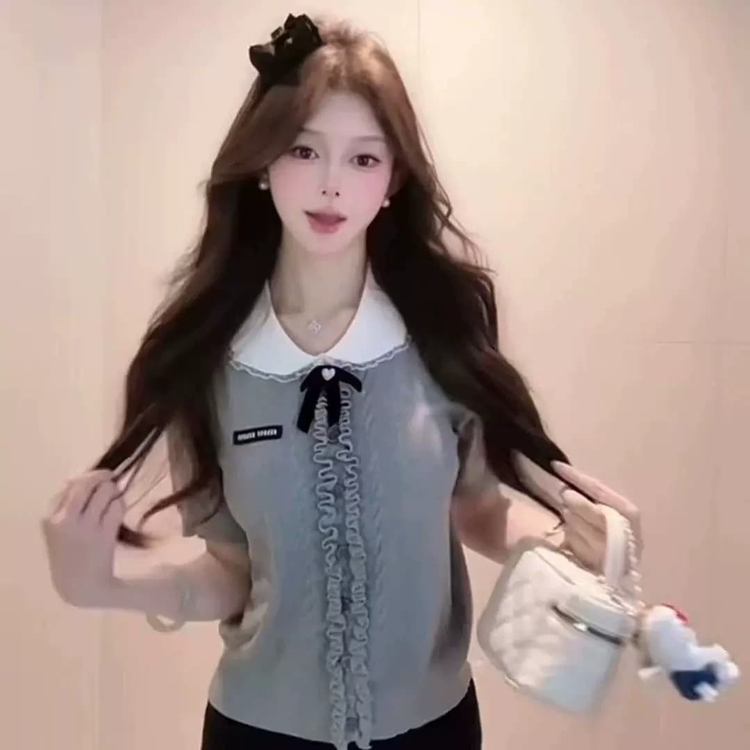 여름 나비 매듭 프릴 POLO 칼라 맨위 여성 한 부서 학원 스타일 연령 감소 캐주얼 니트 반팔 티셔츠