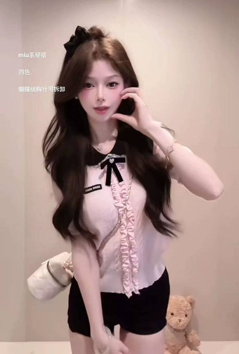 여름 나비 매듭 프릴 POLO 칼라 맨위 여성 한 부서 학원 스타일 연령 감소 캐주얼 니트 반팔 티셔츠 이미지 2