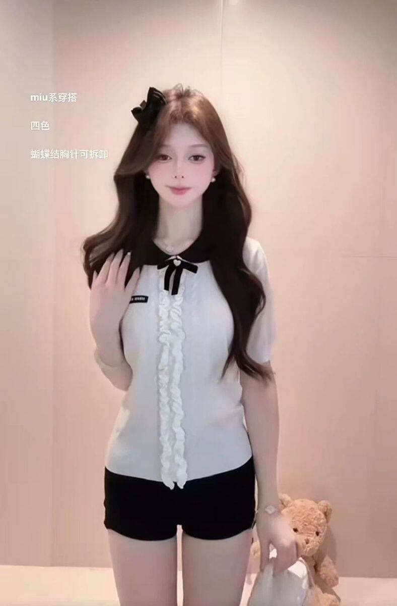 여름 나비 매듭 프릴 POLO 칼라 맨위 여성 한 부서 학원 스타일 연령 감소 캐주얼 니트 반팔 티셔츠 이미지 3