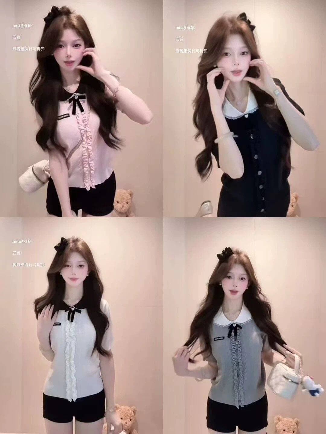 여름 나비 매듭 프릴 POLO 칼라 맨위 여성 한 부서 학원 스타일 연령 감소 캐주얼 니트 반팔 티셔츠 상세 이미지 17