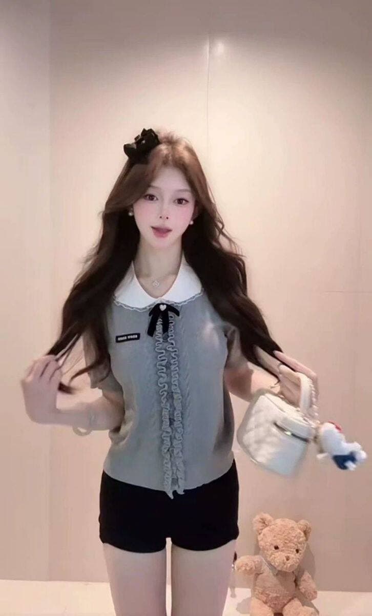 여름 나비 매듭 프릴 POLO 칼라 맨위 여성 한 부서 학원 스타일 연령 감소 캐주얼 니트 반팔 티셔츠 상세 이미지 20