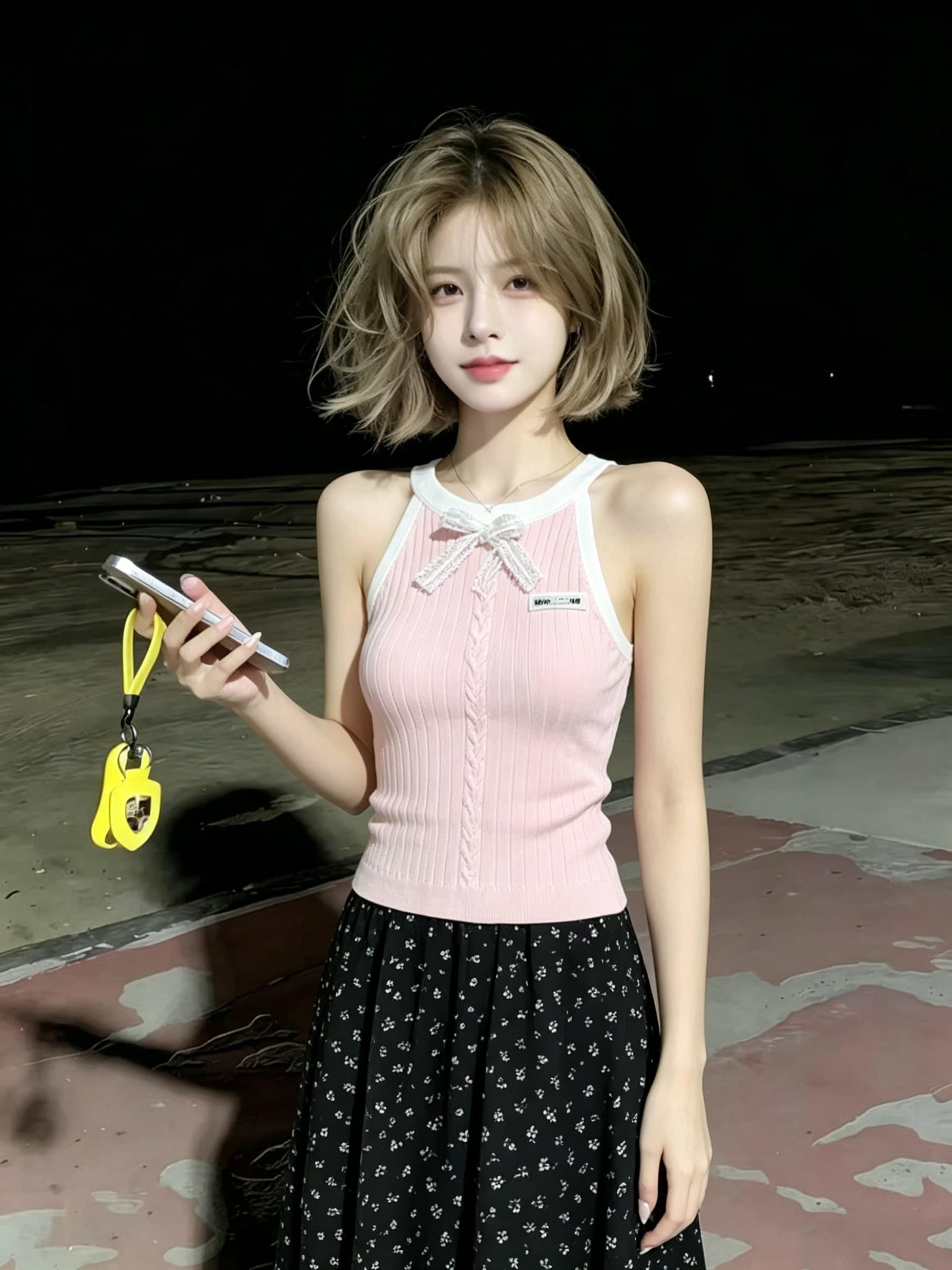 한 부서 핑크색 행침 목 니트 스웨터 조끼 여성 여름 새로운 나비 매듭 숙녀 몸매 가꾸기 슬림해 보이는 민소매 맨위 이미지 3