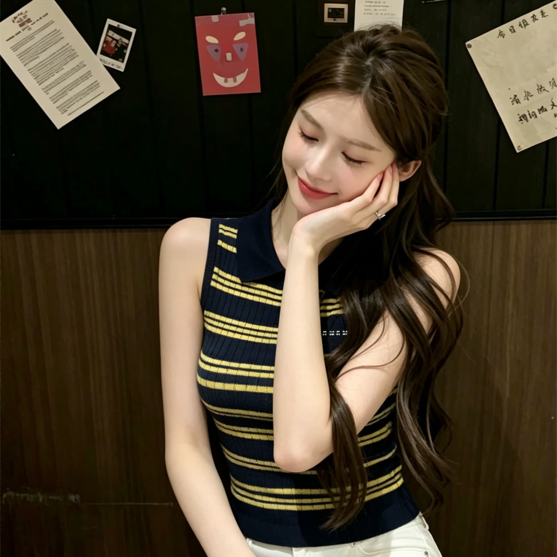 해군 황색 스트라이프 POLO 칼라 민소매 니트 조끼 여성 가슴 몸매 가꾸기 슬림해 보이는 인사이드 가져 가라. 이미지 5