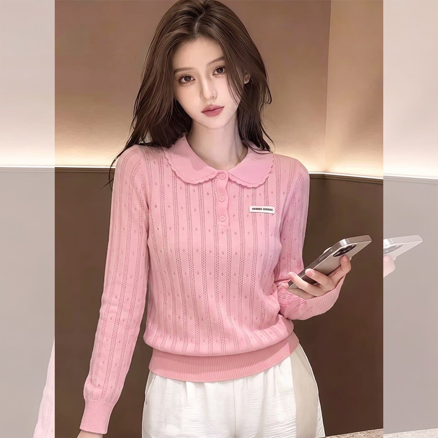한 부서 POLO 칼라 홀로우 아웃 긴팔 털 니트 스웨터 여성 이른 가을 새로운 올해 인기 얇고 가벼운 느긋한 잘 생긴 맨위 상세 이미지 3