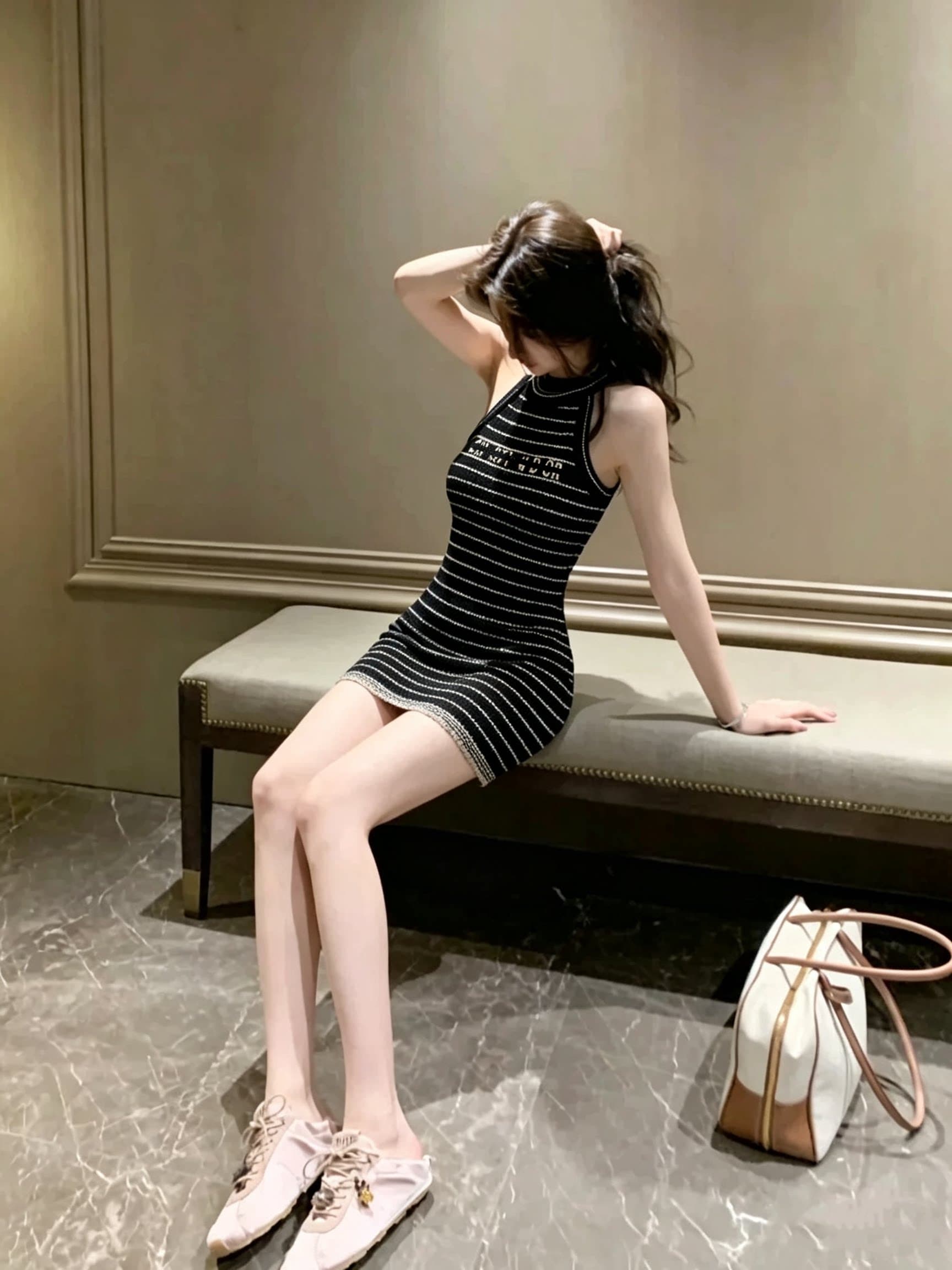 익스트림 제인 바람 스트라이프 조끼 여성 드레스 여름 디스플레이 몸 허리 수축 슬림해 보이는 민소매 타이트 스커트 미니 스커트 트렌디 이미지 3