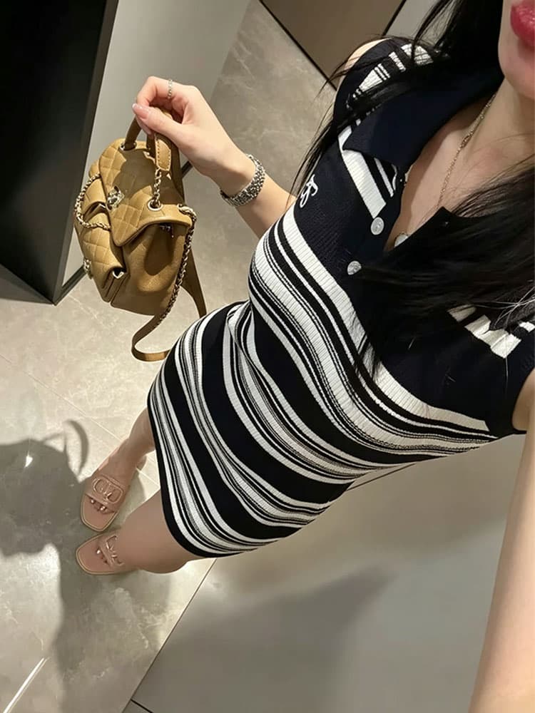 여름 한 부서 오래된 돈 바람 스트라이프 POLO 칼라 자수 니트 조끼 여성 드레스 허리 수축 슬림해 보이는 타이트 스커트 미니 스커트 이미지 4