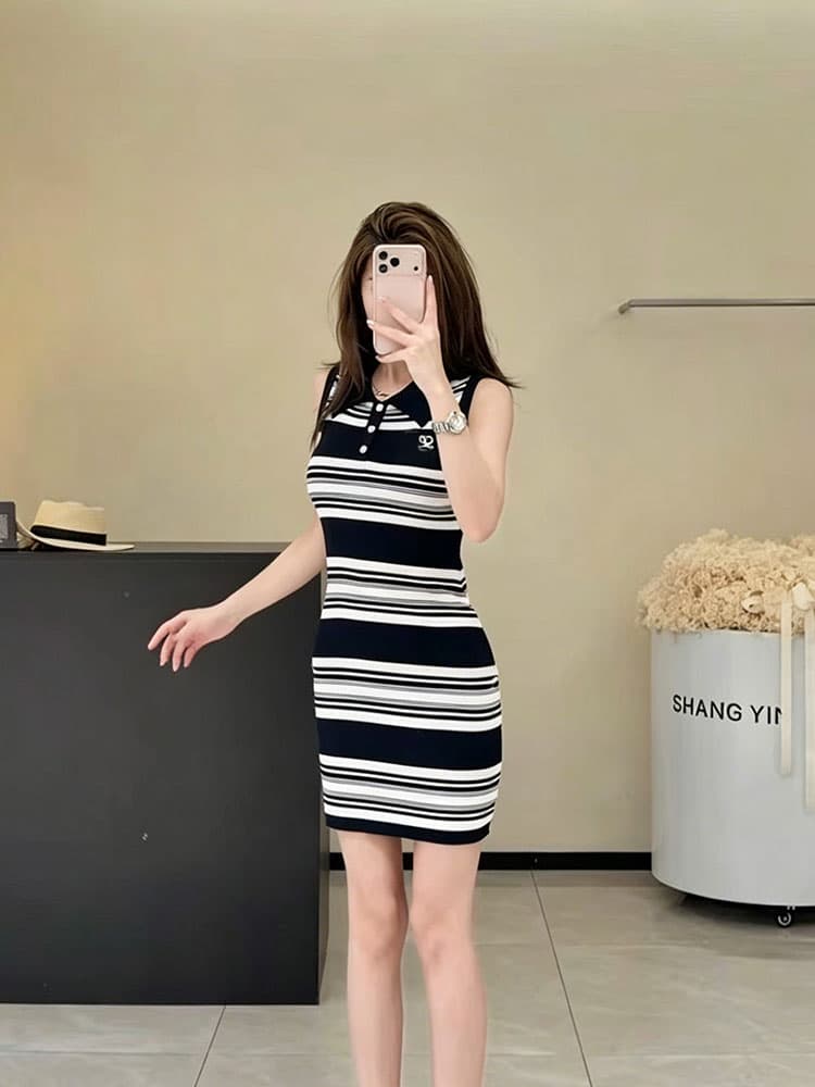 여름 한 부서 오래된 돈 바람 스트라이프 POLO 칼라 자수 니트 조끼 여성 드레스 허리 수축 슬림해 보이는 타이트 스커트 미니 스커트 상세 이미지 1