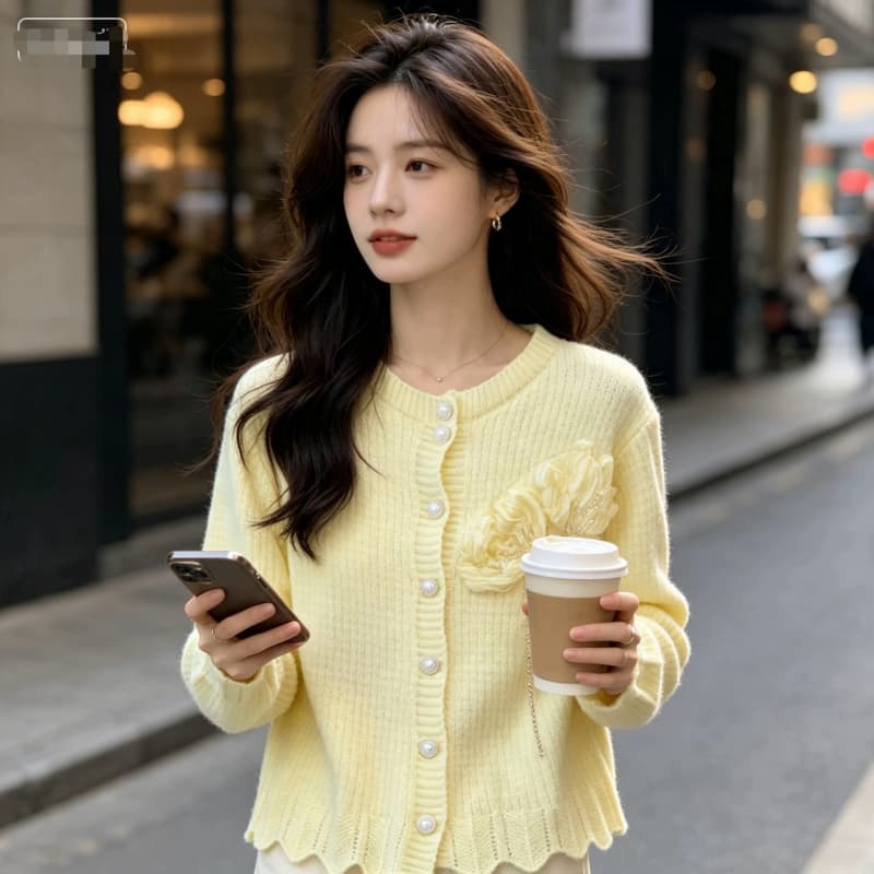 2026 가을 3 차원 장미 부드러운 바람 달콤함 연령 감소 작은 대중 라운드 넥 니트 오픈 가디건 부드러운 찹쌀 스웨터 코트 상세 이미지 10