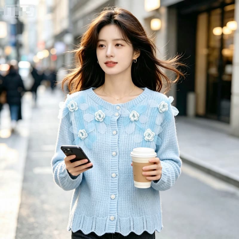 부드러운 바람 3 차원 꽃 니트 오픈 가디건 쇼트 스타일 재킷 이른 가을 달콤함 숙녀 분위기 센스 홀로우 아웃 긴팔 맨위 상세 이미지 13