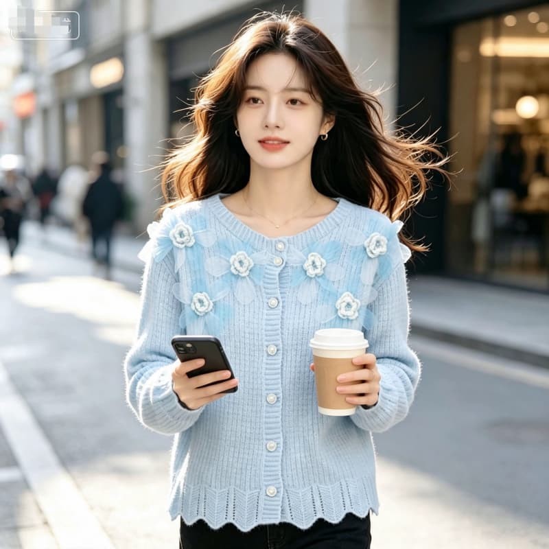 부드러운 바람 3 차원 꽃 니트 오픈 가디건 쇼트 스타일 재킷 이른 가을 달콤함 숙녀 분위기 센스 홀로우 아웃 긴팔 맨위 상세 이미지 14
