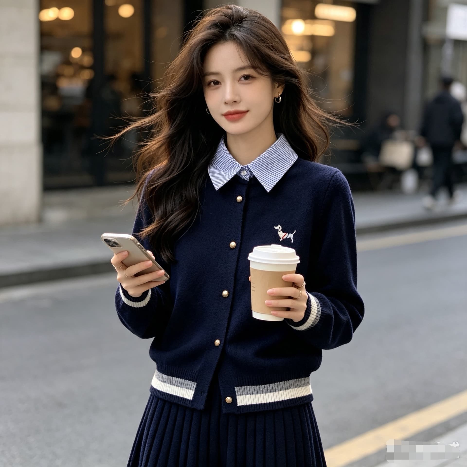 2026 봄 가을 한 부서 학원 스타일 페이크 레이어드 맨위 여성 뜨개질 오픈 가디건 패치워크 스트라이프 셔츠 플리츠 치마 세트 이미지 2
